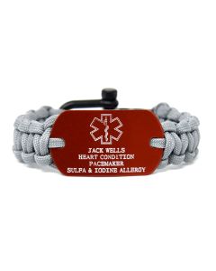 Red Aluminum Custom Medical Alert Bracelet with Grey Paracord