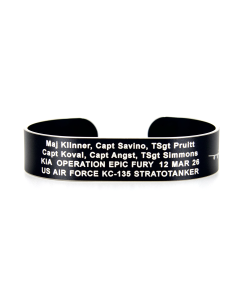 Black Aluminum KC-135 Stratotanker Crash Cuff Bracelet with White Letters