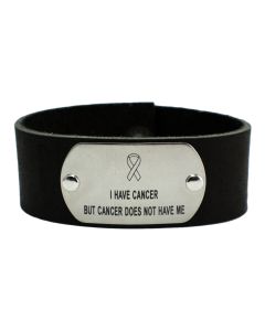Black Leather Custom Cancer Bracelet with Stainless-Steel Overlay with Black Letters