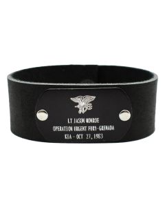 Black Leather Custom Military KIA Bracelet with Colored Aluminum Overlay with Recessed Letters