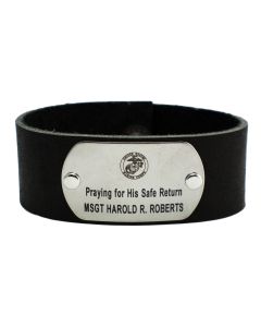 Black Leather Custom Deployment Bracelet with Stainless-Steel Overlay with Black Letters