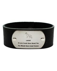 Black Leather Custom Pet Bracelet with Stainless-Steel Overlay with Black Letters