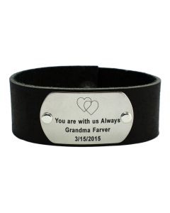 Black Leather Custom Friend or Family Bracelet with Stainless-Steel Overlay with Black Letters