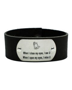 Black Leather Custom Infant or Child Bracelet with Stainless-Steel Overlay with Black Letters