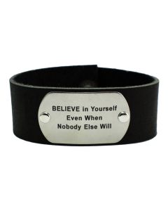 Black Leather Custom Inspirational Bracelet with Stainless-Steel Overlay with Black Letters
