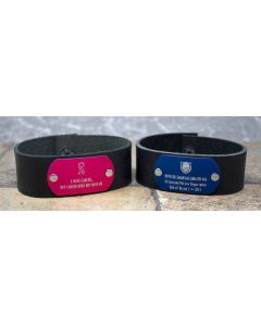 Black Leather Memorial Bracelets with Colored Aluminum Recessed Engraved Tags