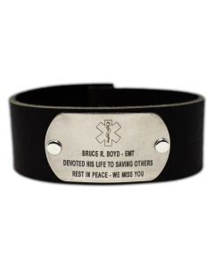 Black Leather Custom COVID-19 Bracelet with Stainless-Steel Overlay with Black Letters