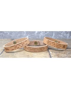 Tan Leather Memorial Bracelets with laser engraved letters and edges.