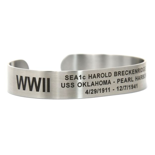 Stainless Steel Custom WW 2 Cuff Bracelets with Black Letters at Memorial Bracelets dot com